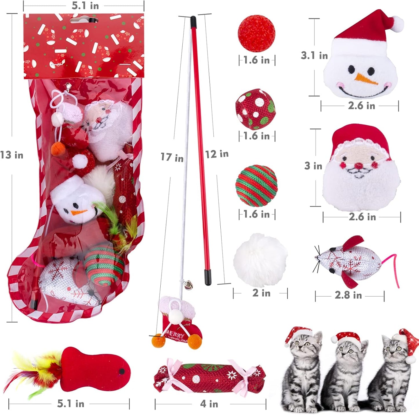 10 PCS Christmas Cat Toys Stockings for Indoor Cats Kitten Assortment Toys Interactive Wand with Bell Plush Santa Claus Snowman Fish Mouse Candy Balls with Catnip