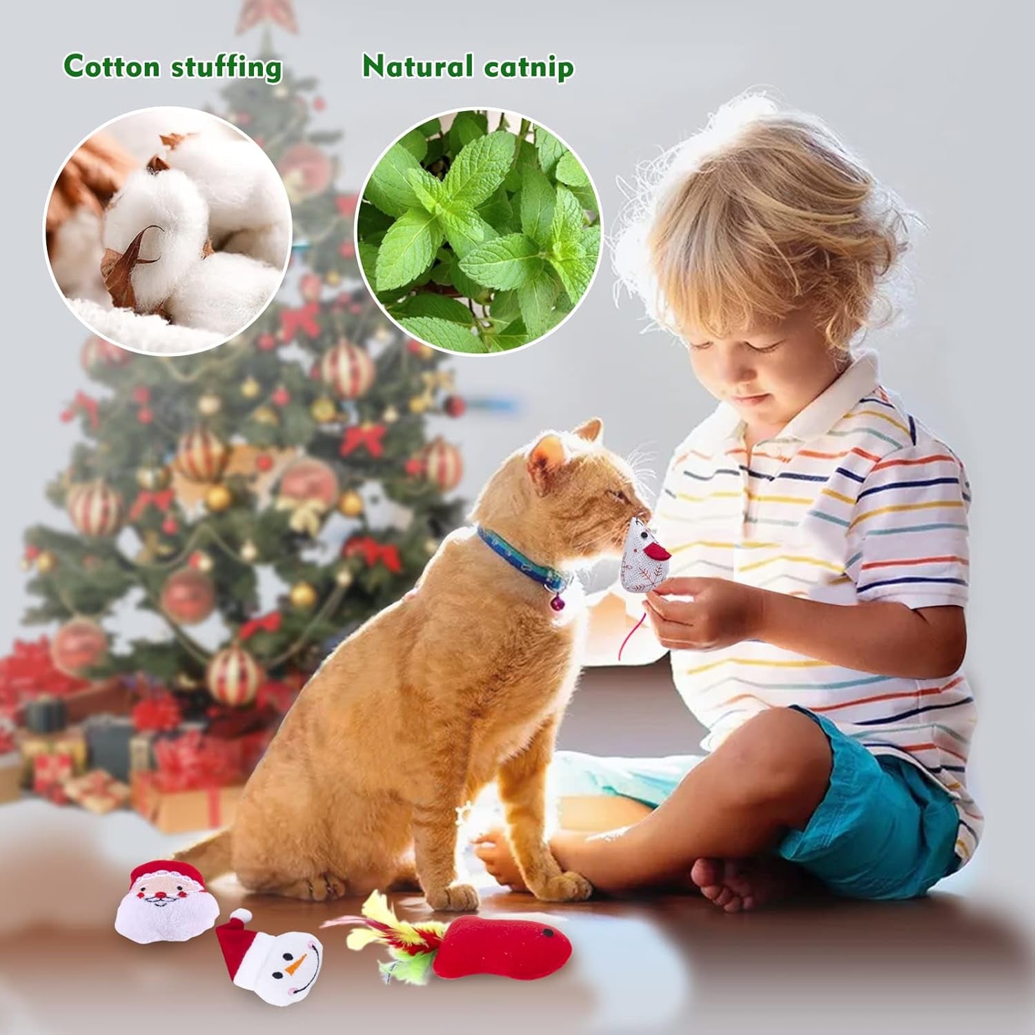 10 PCS Christmas Cat Toys Stockings for Indoor Cats Kitten Assortment Toys Interactive Wand with Bell Plush Santa Claus Snowman Fish Mouse Candy Balls with Catnip