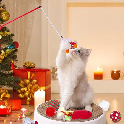 10 PCS Christmas Cat Toys Stockings for Indoor Cats Kitten Assortment Toys Interactive Wand with Bell Plush Santa Claus Snowman Fish Mouse Candy Balls with Catnip