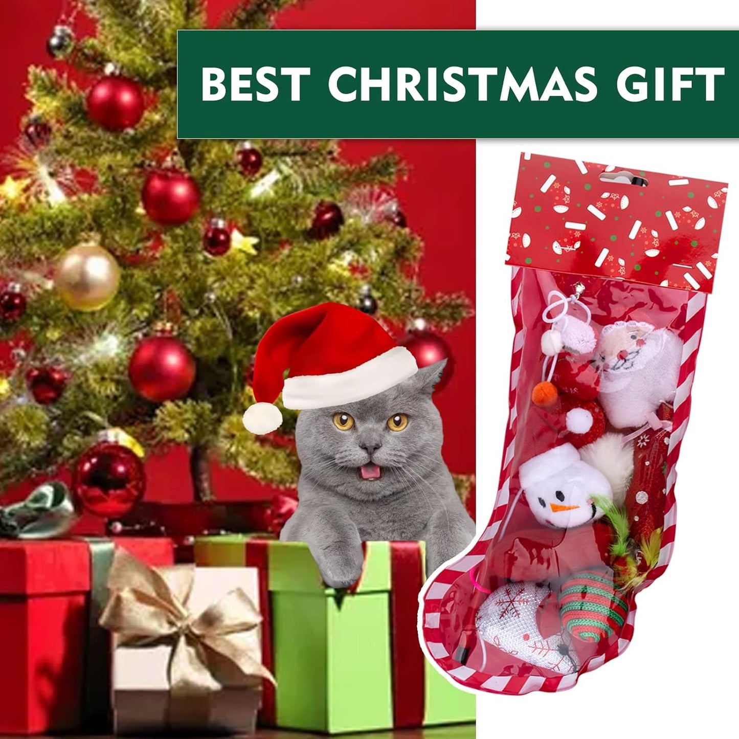 10 PCS Christmas Cat Toys Stockings for Indoor Cats Kitten Assortment Toys Interactive Wand with Bell Plush Santa Claus Snowman Fish Mouse Candy Balls with Catnip