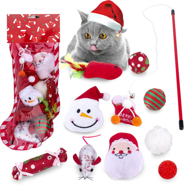 10 PCS Christmas Cat Toys Stockings for Indoor Cats Kitten Assortment Toys Interactive Wand with Bell Plush Santa Claus Snowman Fish Mouse Candy Balls with Catnip